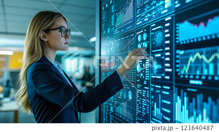 A businesswoman analyzes financial data and analytics graphs on a display monitor. The concept of strategic planning, data-driven decisions, and business intelligence. Generative AI. 121640487
