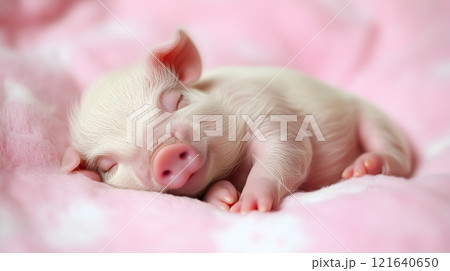 Sleeping Baby Piglet on Soft Pink Blanket Sleeping Baby Piglet on Soft Pink Blanket 121640650