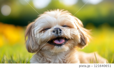 Smiling Fluffy Puppy Relaxing Outdoors on a Sunny Day Smiling Fluffy Puppy Relaxing Outdoors on a Sunny Day 121640651