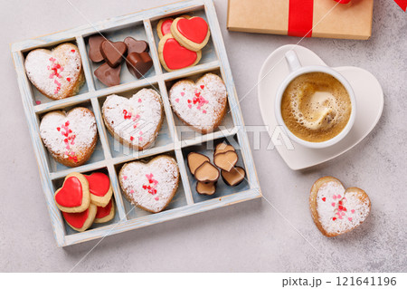 A charming selection of heart-shaped sweets neatly arranged in a box A charming selection of heart-shaped sweets neatly arranged in a box 121641196