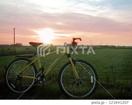 黄色いマウンテンバイクで夕焼けサイクリング 黄色いマウンテンバイクで夕焼けサイクリング 121641207