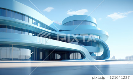 Abstract architecture scene with smooth curves. Abstract background with futuristic building in white and blue colors. Generated AI. 121641227