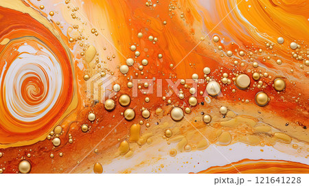 Abstract artistic background with orange marble and golden paint stains. Generated AI. 121641228