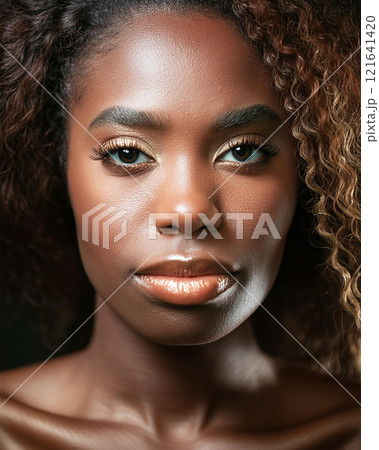 Introspective Beauty with Dark Skin Color in Shadows 121641420