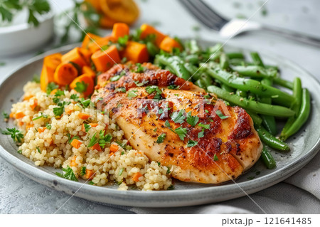 Baked chicken or turkey breast and bulgur cereal with vegetables, carrot, green long string beans and parsley on grey plate on dark grey concrete background 121641485