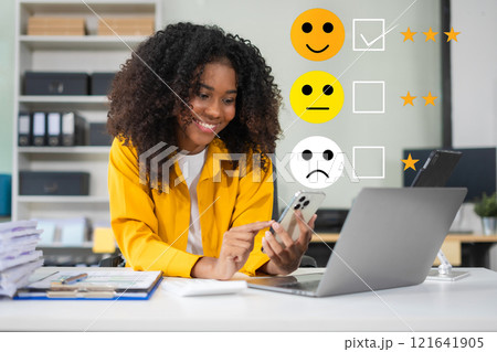 Happy Client customer experience concept. Woman recording phone inquiry with checkboxes, smiling face rating excellent for satisfaction survey. Happy Client customer experience concept. Woman recording phone inquiry with checkboxes, smiling face rating excellent for satisfaction survey. 121641905