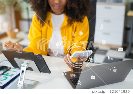 Businesswoman analyzing business enterprise data management, business analytics with charts, Marketing, Financial, Analyst, Business growth chart. Businesswoman analyzing business enterprise data management, business analytics with charts, Marketing, Financial, Analyst, Business growth chart. 121641929