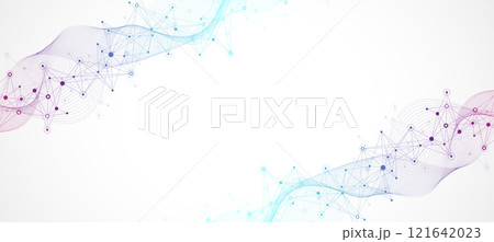 Digits abstract background with connected line and dots, wave flow. Digital neural networks. Network and connection background for your presentation. Graphic polygonal background, illustration 121642023