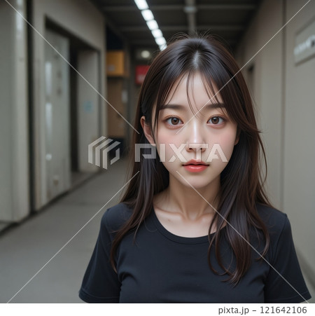 カメラ目線で見つめる女性 121642106