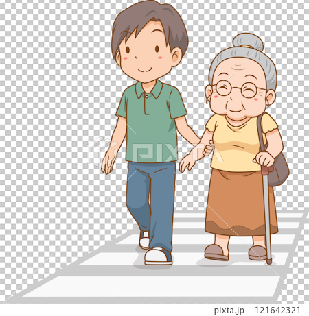 Cartoon illustration of man helping old woman cross the road. 121642321