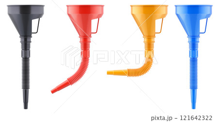 Fuel funnel multicolored set with flexible hose isolated on white background - 3D illustration 121642322
