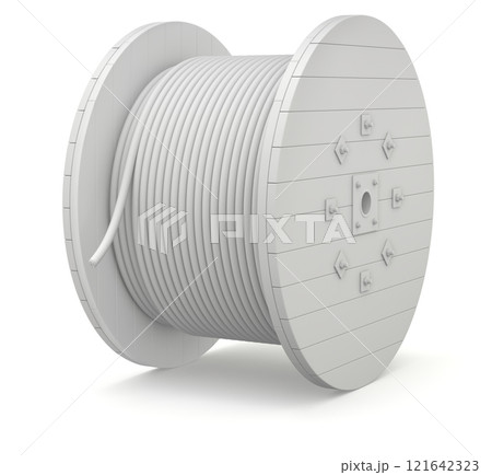 Clay render of wooden cable drum on white background - 3D illustration 121642323