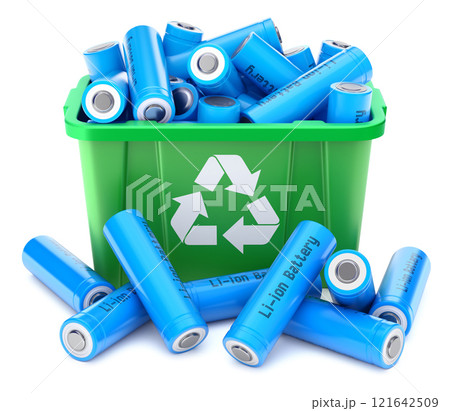 Li-ion Batteries in green recycle crate on white background - 3D illustration 121642509