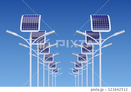 Double row of LED street lamp with solar panel - 3D illustration Double row of LED street lamp with solar panel - 3D illustration 121642512