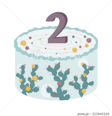 Cute bento cake with prickly pear cactus and number 2 lighting candle. Happy Birthday design element, neutral palette for kids and adults Cute bento cake with prickly pear cactus and number 2 lighting candle. Happy Birthday design element, neutral palette for kids and adults 121642528