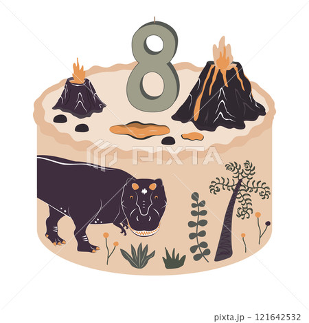 Cute bento cake with dinosaur, volcano and prehistoric plants. Number 8 candle. Jurassic Happy Birthday topic design element for babies and kids. Isolated vector illustration Cute bento cake with dinosaur, volcano and prehistoric plants. Number 8 candle. Jurassic Happy Birthday topic design element for babies and kids. Isolated vector illustration 121642532