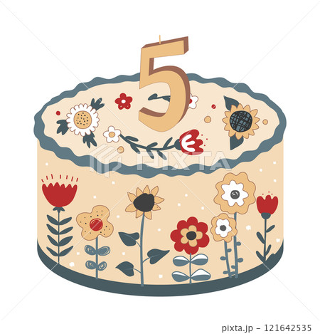 Cute bento cake decorated with abstract Scandinavian flowers and number 5 lighting candle. Happy Birthday design element, pastel palette. Isolated vector illustration Cute bento cake decorated with abstract Scandinavian flowers and number 5 lighting candle. Happy Birthday design element, pastel palette. Isolated vector illustration 121642535