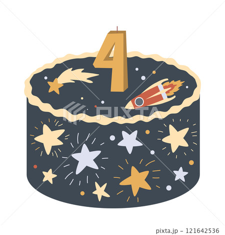 Cute bento cake with stars, rocket and number 4 lighting candle. Cosmic Space Happy Birthday design element for babies and kids. Isolated vector illustration Cute bento cake with stars, rocket and number 4 lighting candle. Cosmic Space Happy Birthday design element for babies and kids. Isolated vector illustration 121642536