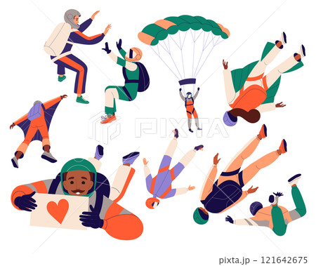 Man and Woman Skydiver in Flight Free Falling with Parachute Vector Set Man and Woman Skydiver in Flight Free Falling with Parachute Vector Set 121642675