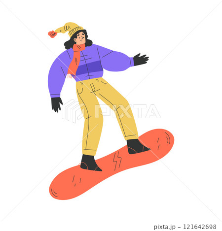 Woman Character Snowboarding in Winter Ride Downhill Vector Illustration 121642698