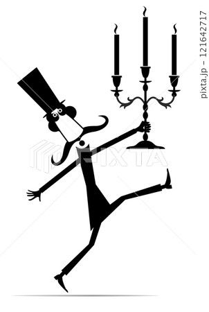 Cute long mustache man in the top hat holding a vintage candlestick with burning candles. Black and white illustration Cute long mustache man in the top hat holding a vintage candlestick with burning candles. Black and white illustration 121642717