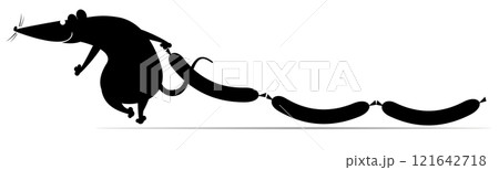 Happy rat or mouse dragging sausages. Funny rat or mouse stealing three appetite sausages. Black and white illustration Happy rat or mouse dragging sausages. Funny rat or mouse stealing three appetite sausages. Black and white illustration 121642718