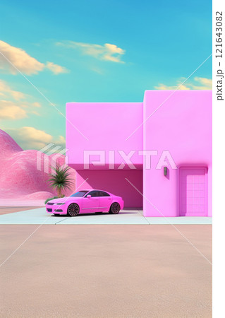 A luxury retro car and a beautiful pink dollhouse building.  121643082