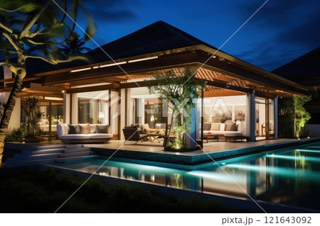 Stunning modern villa with pool, illuminated at night 121643092