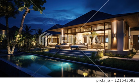 Villa with pool, illuminated at night, featuring contemporary design 121643093