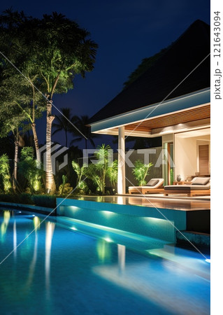 Villa with pool, at night, featuring contemporary design  121643094