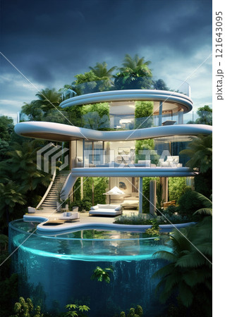 A modern house concept with a swimming pool  121643095