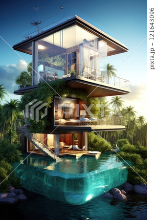 A modern house concept with a swimming pool  121643096