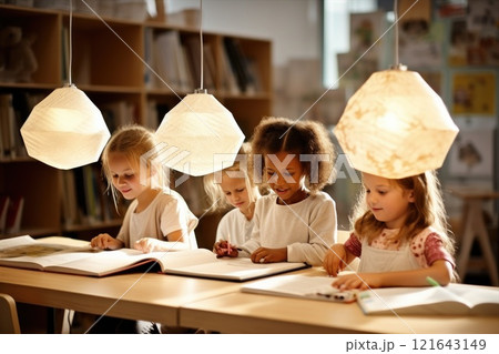 Children at a table in a classroom, sharing, smiling, and building a community 121643149