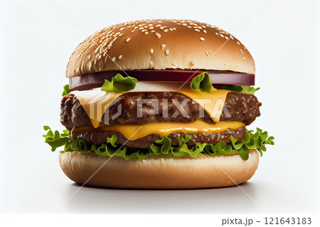 A delicious grand cheeseburger with lettuce, pickles in a bun on a white background. Fast food 121643183