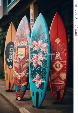 A Vibrant Array of Colorful Surfboards Laid Out and Displayed Against a Wall 121643240