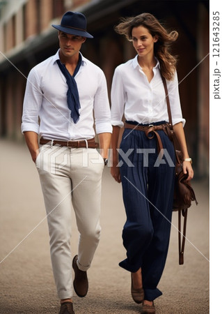 Stylish Urban Fashion Trendy Couple Dressed in Their Chic and Fashionable Attire. Young woman and man walking down the street dressed in smart casual outfits. 121643285