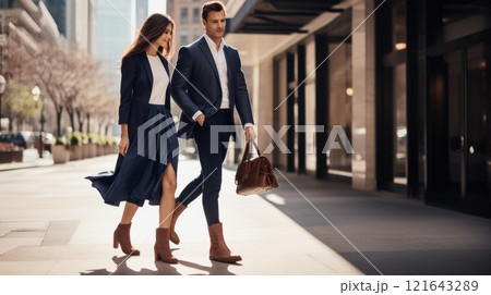 Stylish Urban Fashion Trendy Couple Dressed in Their Chic and Fashionable Attire. Young woman and man walking down the street dressed in smart casual outfits. 121643289