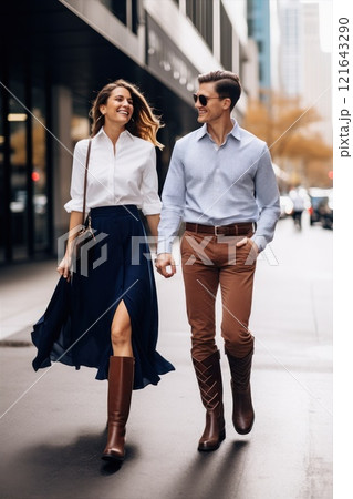 Stylish Urban Fashion Trendy Couple Dressed in Their Chic and Fashionable Attire. Young woman and man walking down the street dressed in smart casual outfits. 121643290