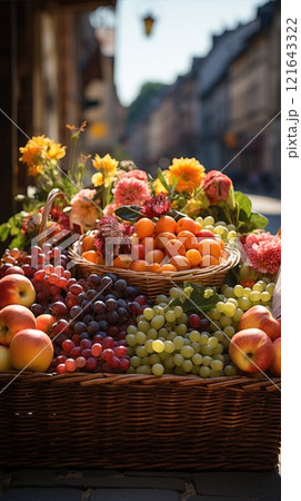A Vibrant Fruit Market Nestled in a Charming, Picturesque old town street Filled with Fresh Produce. Green sultanas, Moon Drops, Crimson Seedless, Black Monukka 121643322