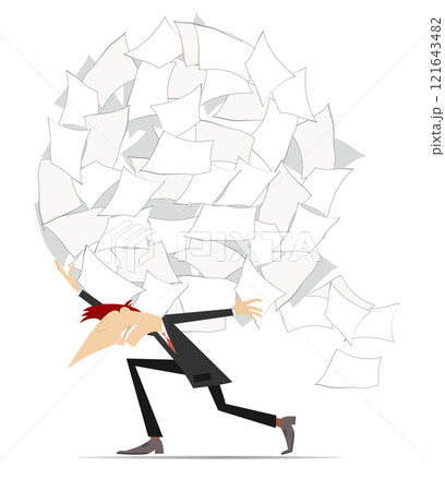 Businessman. Paperwork. Big pile of papers. Businessman. File clerk carrying a huge ball of papers on the back Businessman. Paperwork. Big pile of papers. Businessman. File clerk carrying a huge ball of papers on the back 121643482