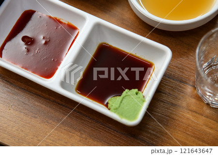 Korean sauce. red chili-pepper paste with vinegar, soy sauce and wasabi Korean sauce. red chili-pepper paste with vinegar, soy sauce and wasabi 121643647