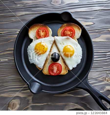 Whimsical Bear Face Meal Served in a Black Skillet Whimsical Bear Face Meal Served in a Black Skillet 121643864
