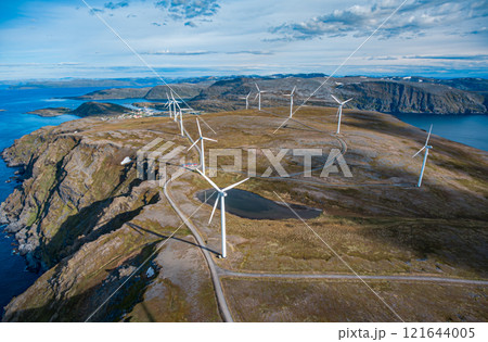 Windmills for electric power production. Arctic View, Havoysund, Northern Norway aerial photography. 121644005