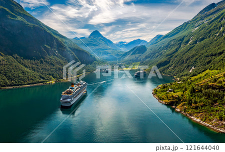 Geiranger fjord, Norway aerial photography. 121644040