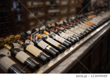 Row of wine bottles with dry red and white wine on wooden. Low depth of field. Row of wine bottles with dry red and white wine on wooden. Low depth of field. 121644089