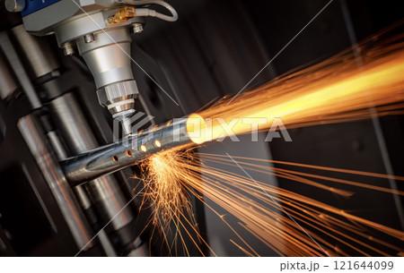 CNC Laser and gas cutting of metal, modern industrial technology. 121644099