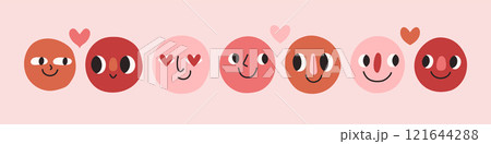 Love doodle face set. Groovy lovely funny faces stickers. Love concept. Happy Valentines day. Vector illustration Love doodle face set. Groovy lovely funny faces stickers. Love concept. Happy Valentines day. Vector illustration 121644288