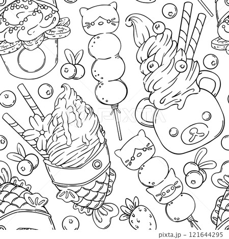 vector illustration seamless pattern with asian sweets. kawaii street food. coloring book vector illustration seamless pattern with asian sweets. kawaii street food. coloring book 121644295
