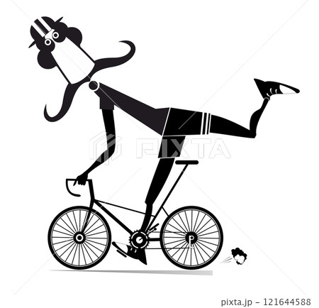 Cyclist. Cartoon man rides a bike. Long mustache man in the helmet rides a bike. Black and white illustration Cyclist. Cartoon man rides a bike. Long mustache man in the helmet rides a bike. Black and white illustration 121644588