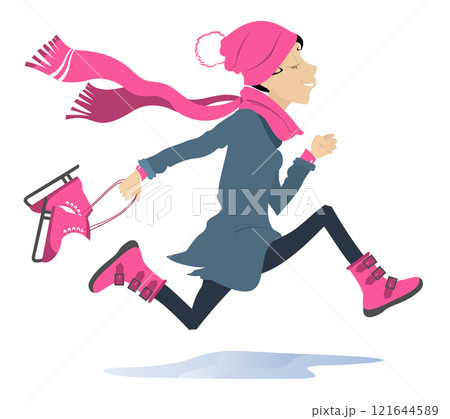 Beautiful young woman goes to ice skating. Winter activities concept. Cold weather. Running young woman holding ice skates. Illustration over white background Beautiful young woman goes to ice skating. Winter activities concept. Cold weather. Running young woman holding ice skates. Illustration over white background 121644589